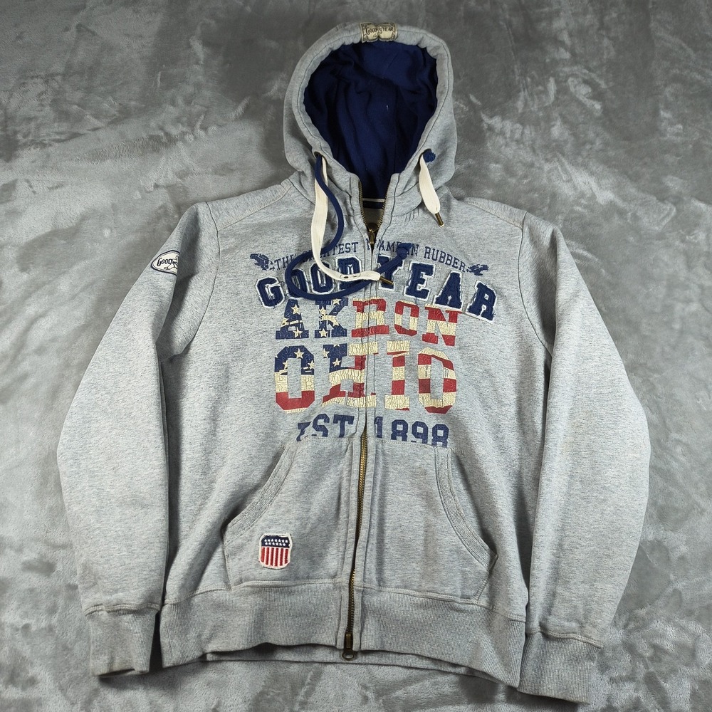 Vintage Goodyear Tires Hoodie Men Large Full Zip Akron Ohio Embroidered Distress